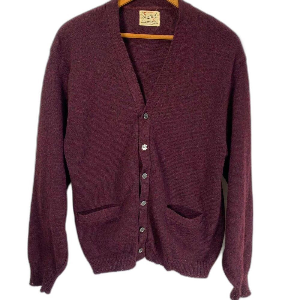 Vtg CRANBROOK Sweater Cardigan Lambswool Button Front Pockets Mens L Burgundy